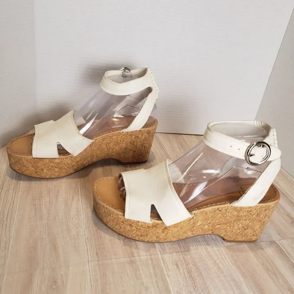 Dolce Vita Linda Cork Wedge Platform Sandals in white, size 9